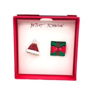 Betsey Johnson Present and Santa Hat Earrings, Red, Green, White